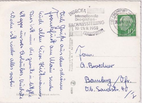 BRD - Frankfurt a/M. 1958 INDROFA Masch.werbestempel Karte n. Bamberg