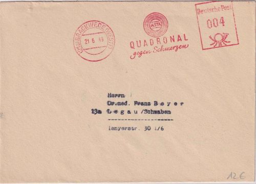 Bizone - Brackwede 21.6.49 4 Pfg. AFS "Quadronal gegen Schmerzen" Drucksache