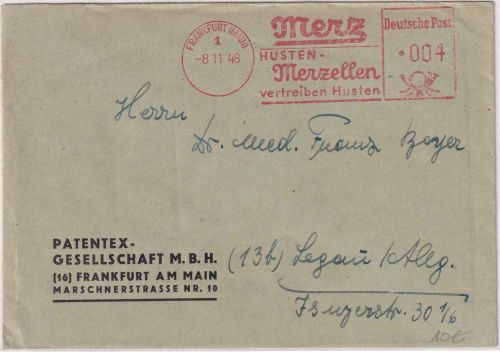 Bizone - Frankfurt a/M. 8.11.48 4 Pfg. AFS "Husten-Merzellen" Drucksachenbrief