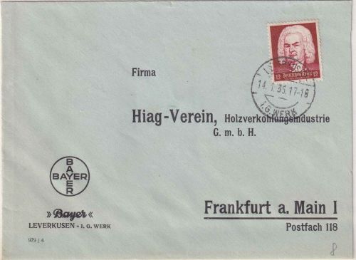 DR - Leverkusen I.G.Werk 14.1.35 Tagesstempel Firmenbrief n. FFM