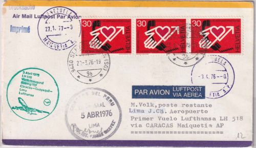Schweiz - 3x30 Rp. Telefonseelsorge LH-Erstflugbrief Zuleitung Caracas Lima 1976
