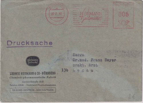 All.Bes. - Nürnberg 26.7.48 6 Pfg. AFS Heumann Heilmittel Drucksachenbrief