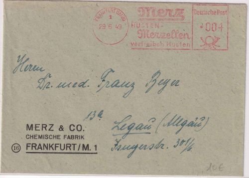 Bizone - Frankfurt a/M. 29.6.49 4 Pfg. AFS "Husten-Merzellen" Drucksachenbrief