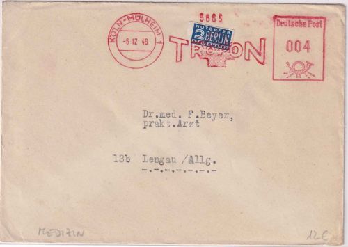 Bizone - Köln-Mülheim 6.12.48 4 Pfg. AFS Tropon Drucksachenbrief n. Legau