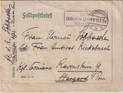DP Polen - Warschau 1918 Feldpostbrief Ra3 S.B. Offiziers-Quarantäne Warschau II