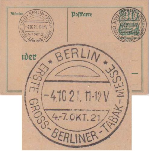 DR-Infla - Berlin 1921 1. Gross-Berliner-Tabak-Messe SST 30 Pfg. Ganzsache