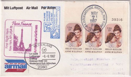 USA - 3x15 C. Sullivan Blindenlehrerin Erstflugbrief New York - Paris 1987
