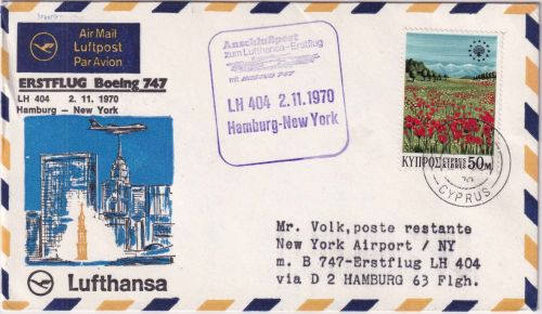 Zypern - 50 M. Naturschutzjahr LH-Erstflug Hamburg - NY Zuleitungspost 1970