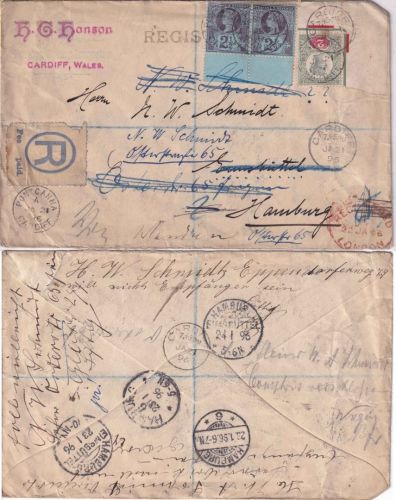 England - 2+2x2 1/2 P. Victoria Einschreibebrief Cardiff 1896 - Irrläufer!