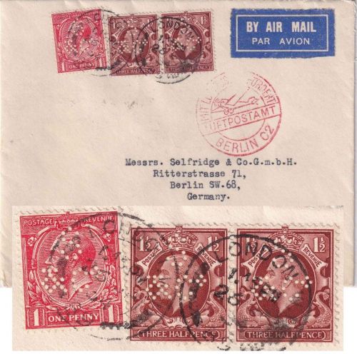England - 2x1 1/2+1 P. George V. Perfin "S&Co" Luftpostbrief London Berlin 1934