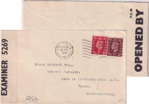 England - 1+1 1/2 P. George VI. Zensurbrief n. LIECHTENSTEIN London 16.4.1940