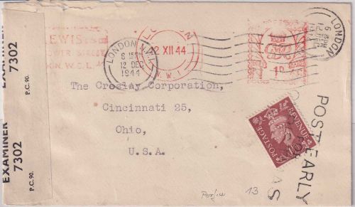 England - 1 P. Metermark + 1 1/2 P. George VI. Zensurbrief n. USA London 1944