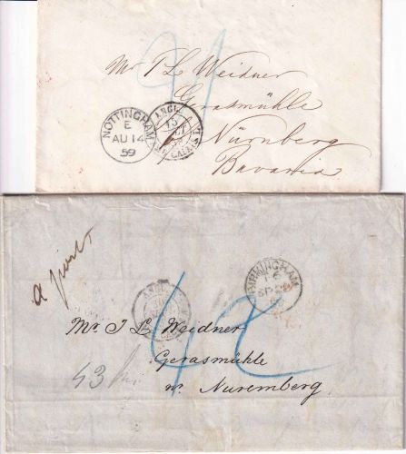 England/Bayern - 21/42 Kr. Portobrief Birmingham/Nottingham - Gerasmühle 1859