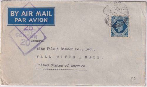 England/Ägypten - 10 P. George VI. Luftpostbrief (Feldpost ?) n. USA 8 JU 1945