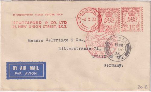 England - 2 1/2 P. + 1 1/2 P. Meter mark Luftpostbrief London - Berlin 1933