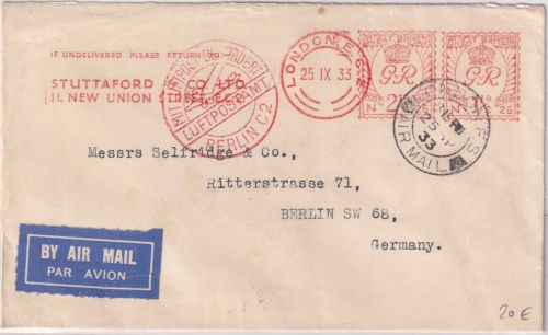 England - 2 1/2 P. + 1 1/2 P. Meter mark Luftpostbrief London - Berlin 1933