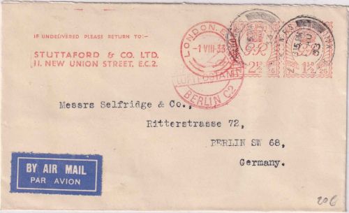 England - 2 1/2 P. + 1 1/2 P. Meter mark Luftpostbrief London - Berlin 1933