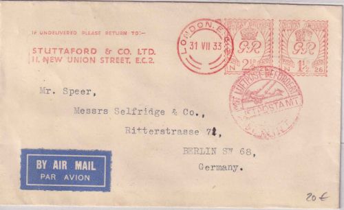 England - 2 1/2 P. + 1 1/2 P. Meter mark Luftpostbrief London - Berlin 1933
