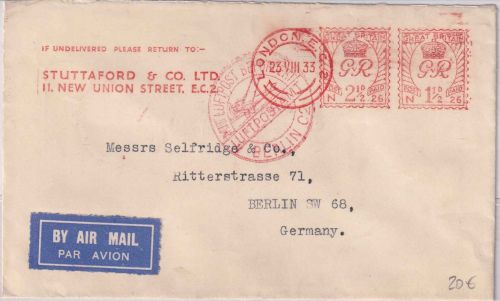England - 2 1/2 P. + 1 1/2 P. Meter mark Luftpostbrief London - Berlin 1933