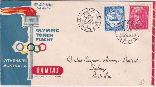 Griechenland - Olympic Torch Flight Quantas Schmuckkuvert Olympia 1956