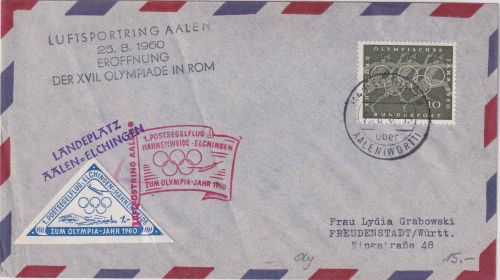 BRD - Hahnenweide Elchingen 1. Postsegelflug Karte m. Vignette Olympia-Jahr 1960