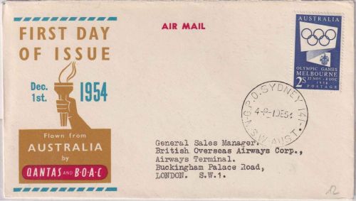 Australien - 2 Sh. Olympic Games Melbourne Schmuck-FDC/Luftpostbrief Sydney 1954