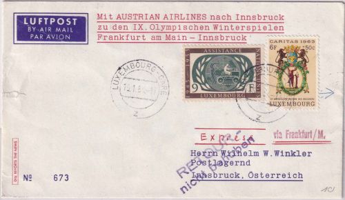 Luxemburg - AUA Olympia-Sonderflug FFM Innsbruck Zuleitungspost Luxemburg 1964