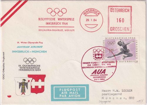 Österreich - AUA Olympiade Sonderflug Schmuckkuvert Innsbruck München 1964
