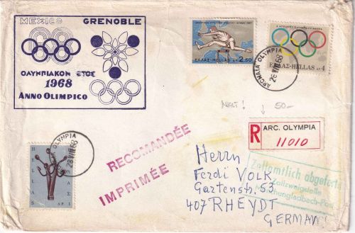 Griechenland - Archaia Olympia Einschreibedrucksache n. Rheydt 1968 Inhalt !!