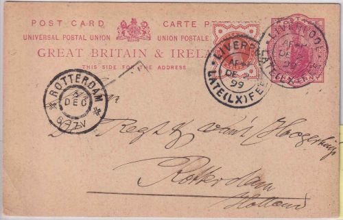 England - 1 P. Victoria + Zusatz Ganzsache n. HOLLAND Liverpool Late Fee 1899