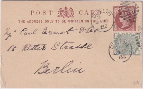 England - 1 P. Victoria Ganzsache + Zusatz Dublin - Berlin 1882