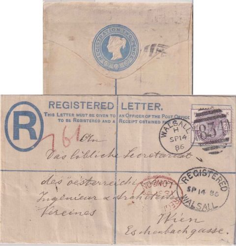 England - 2 P. Victoria Einschreibeganzsache+Zusatz n. ÖSTERREICH Walsall 1886