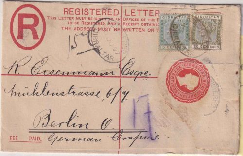 Gibraltar - 20 C. Victoria Einschreibeganzsache+Zusatz n. Berlin 1897