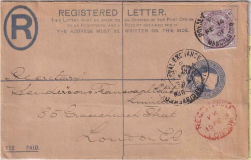 England - 2 P. Victoria Einschreibeganzsache+Zusatz Manchester - London 1901