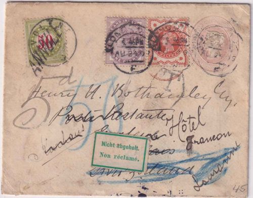 England - 1 P. Victoria Ganzsache+Zusatz i.d. SCHWEIZ London 1897 Nachporto