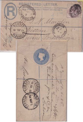 England - 2 P. Victoria Einschreibeganzsache+Zusatz n. PORTUG. GUINEA 1885