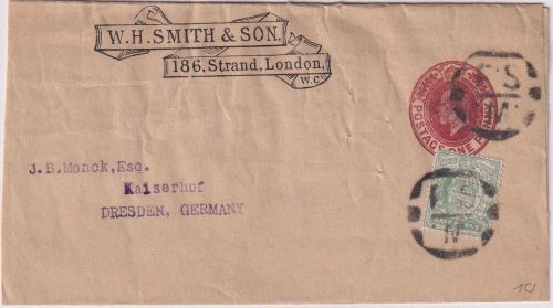 England - 1 P. Eduard VII. Ganzsachenstereifband+Zusatz (Perfin) London ca. 1905