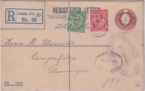 England - 3 P. George V. Einschreibeganzsache + Zusatz London - Langensalza 1912