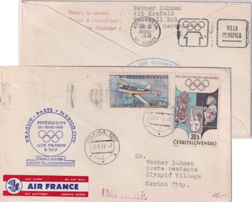 CSSR - Air France Olympiade Sonderflug Prag/Paris/Mexiko Zuleitungspost 1968