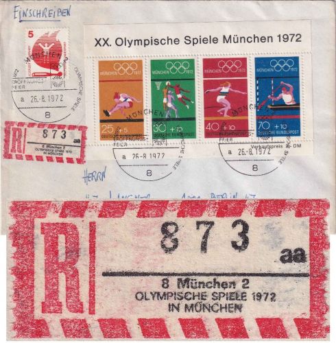 BRD - München Olympiade 1972 Blockausgabe Einschreibebrief/Sonder-R-Zettel + SST
