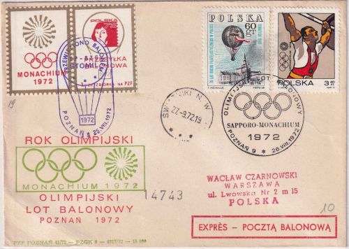 Polen - Olympiade 1972 Sonder-Ballonpost Schmuckkuvert Warschau
