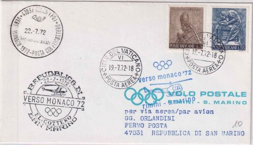 Vatikan - Olympiade 1972 Helikopter-Sonderflug Rimini/S. Marino Zuleitungspost