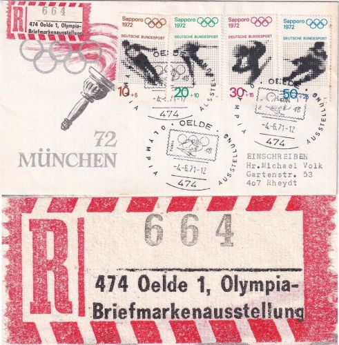 BRD - Olympiade 1972 Oelde 1. Olympia-Briefmarkenausstellung So-R-Zettel/R-Brief