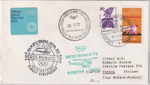 Berlin - Olympiade 1972 Helikopter-Sonderflug Rimini/S. Marino Zuleitungspost