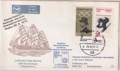 BRD - Olympiade 1972 Schmuckkuvert SST Kiel Segeln - München 29.8.72 Nebenstpl.!