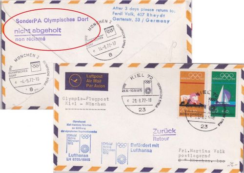 BRD - Olympiade 1972 Sonderflugpost SST Kiel - München 29.8.72 Nebenstpl.!