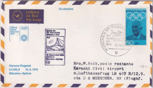 BRD - Olympiade 1972 Lufthansa Rückflugpost München - Karachi 12.9.72