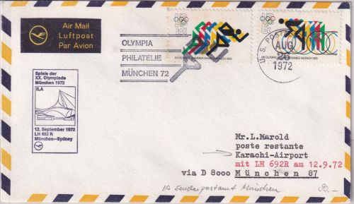 USA - Olympiade 1972 US Postal Service (Sonder-PA) Rückflugpost München/Karachi