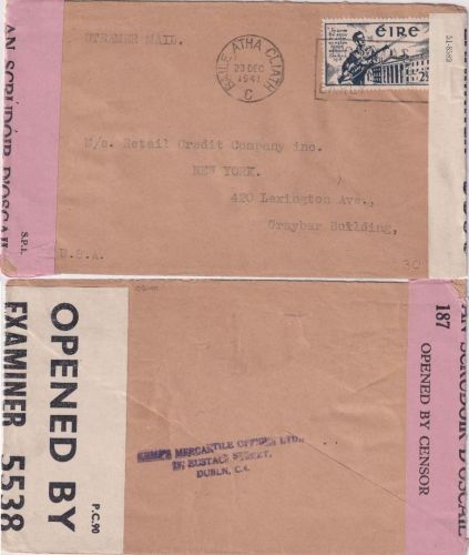 Irland - 2 1/2 P. 25 J. Aufstand Zensurbrief n. USA Baile Atha Cliath 1941