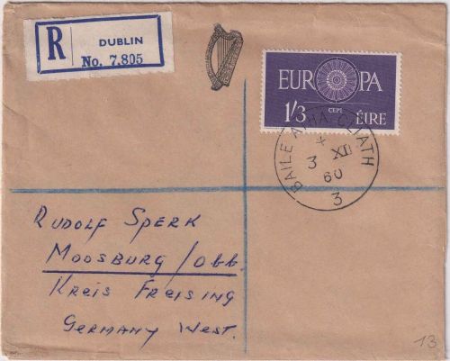 Irland - 1'3 Sh. Europa/CEPT Einschreibebrief Dublin - Moosburg 1960